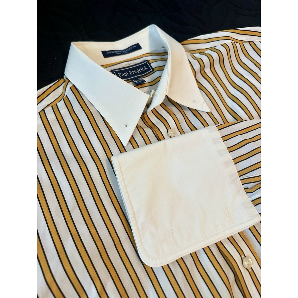 Paul Frederick Mens Striped Dress Shirt 16.5/34 Yellow Black Stripe French Cuff